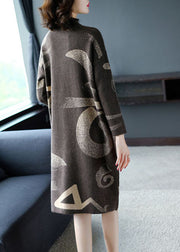 French Khaki Stand Collar Oversized Print Cashmere Sweater Dress Long Sleeve