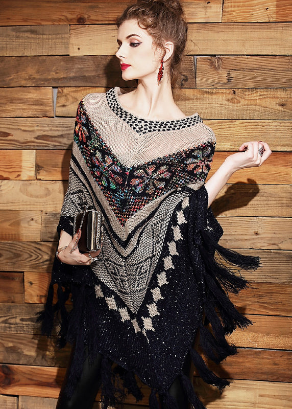 French Khaki Tasseled Print Patchwork Knit Cape Tops Fall