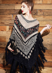 French Khaki Tasseled Print Patchwork Knit Cape Tops Fall