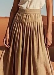 French Khaki Wrinkled Elastic Waist Linen Skirt Summer