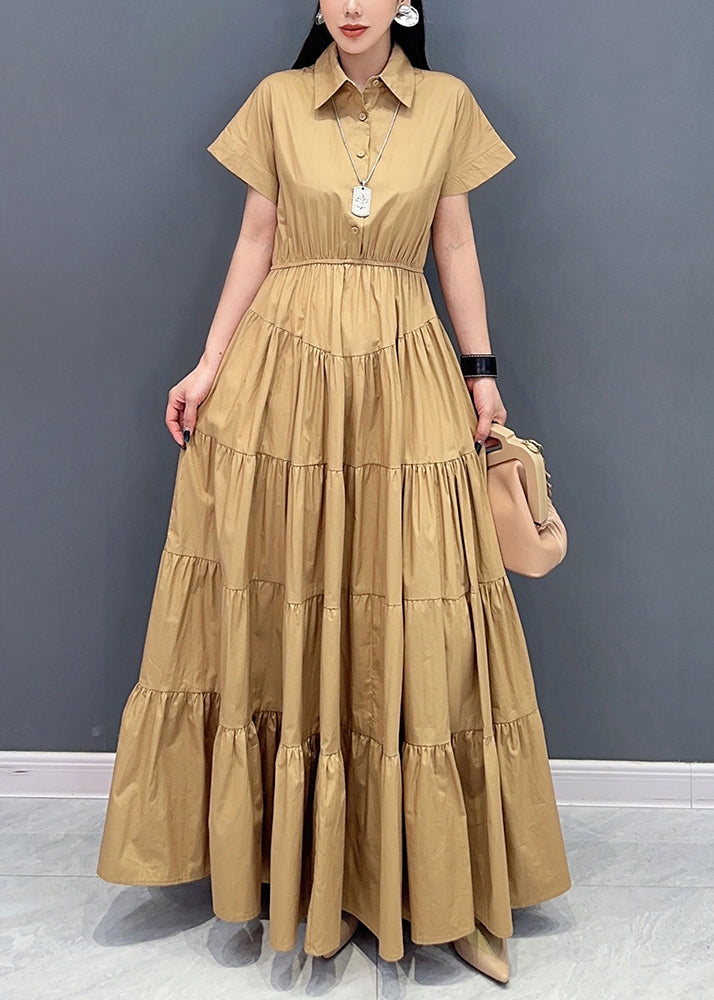 French Khaki Wrinkled Pockets Cotton Long Dresses Summer