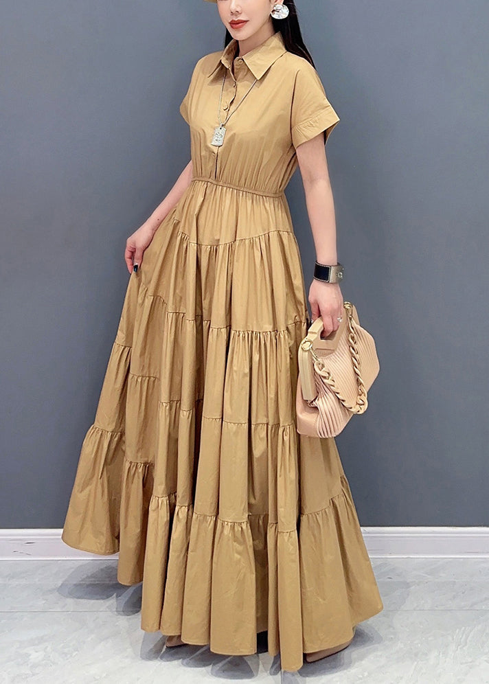 French Khaki Wrinkled Pockets Cotton Long Dresses Summer