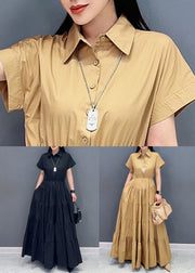 French Khaki Wrinkled Pockets Cotton Long Dresses Summer