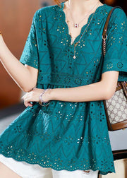 French Lake Blue Embroideried Hollow Out Cotton Blouses Summer