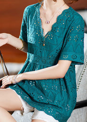 French Lake Blue Embroideried Hollow Out Cotton Blouses Summer