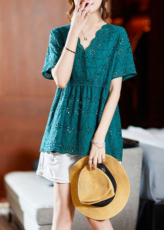 French Lake Blue Embroideried Hollow Out Cotton Blouses Summer