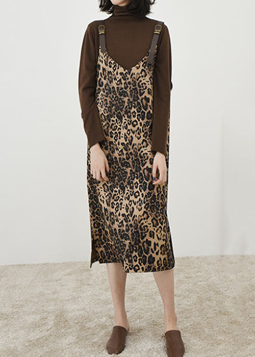 French Leopard Print V Neck Patchwork Cotton Long Dress Sleeveless