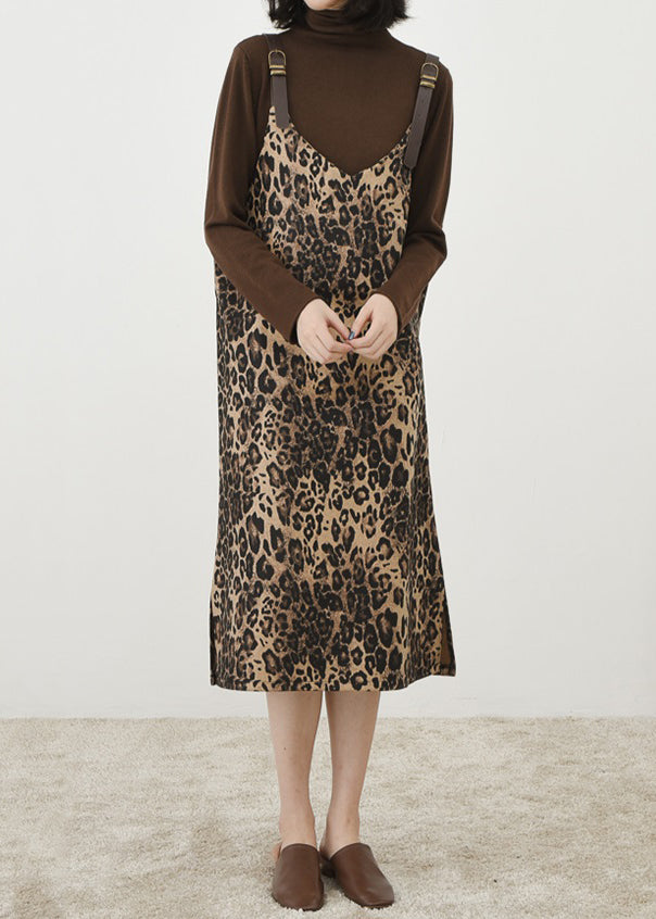 French Leopard Print V Neck Patchwork Cotton Long Dress Sleeveless