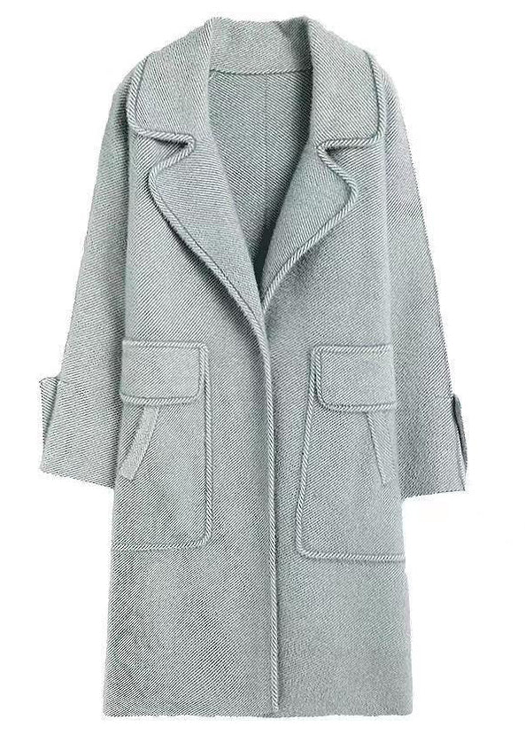 French Light Blue Peter Pan Collar Pockets Patchwork Woolen Coat Fall