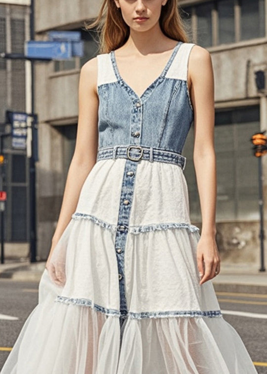 French Light Blue V Neck Patchwork Denim Tea Dresses Summer