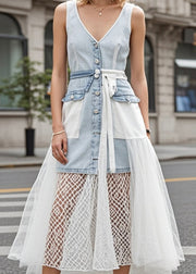 French Light Blue V Neck Patchwork Tulle Denim Long Dress Summer