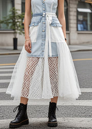 French Light Blue V Neck Patchwork Tulle Denim Long Dress Summer