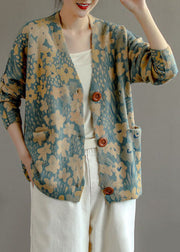 French Light Blue V Neck Print Mink Hair Knitted Cardigan Spring