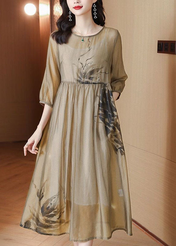 French Light Brown O Neck Print Wrinkled Patchwork Chiffon Dresses Summer