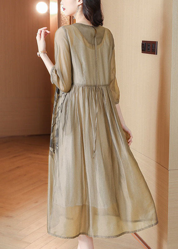 French Light Brown O Neck Print Wrinkled Patchwork Chiffon Dresses Summer