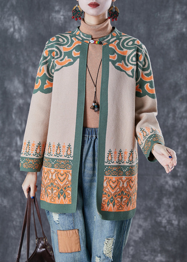 French Light Camel Oversized Print Cotton Cardigan Fall