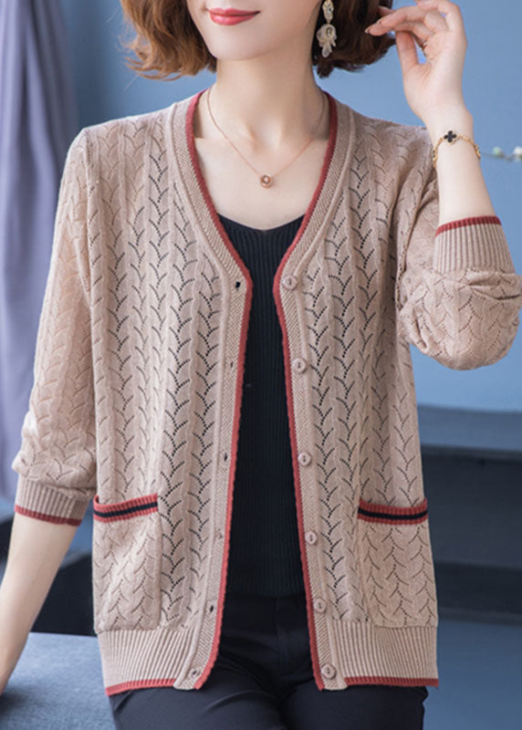 French Light Camel V Neck Pockets Hollow Out Patchwork Thin Knit Cardigan Fall