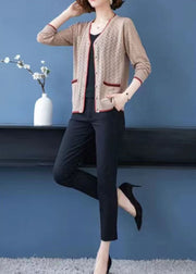 French Light Camel V Neck Pockets Hollow Out Patchwork Thin Knit Cardigan Fall