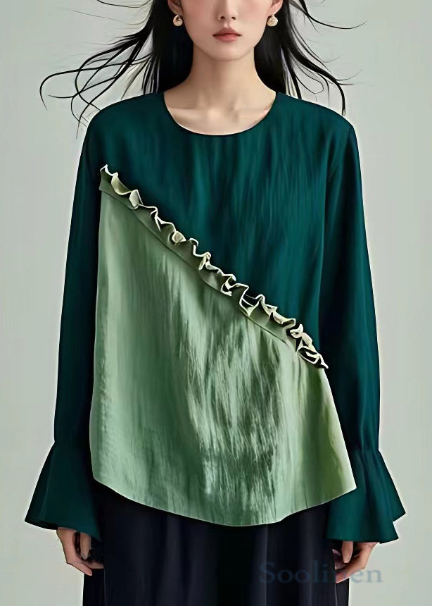 French Light Green O Neck Ruffled Cotton Top Flare Sleeve