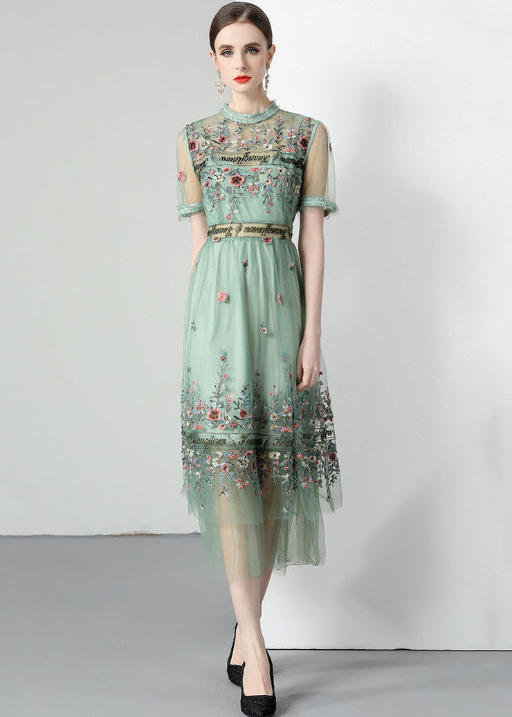 French Light Green Ruffled Embroideried Wrinkled Tulle Dress Summer