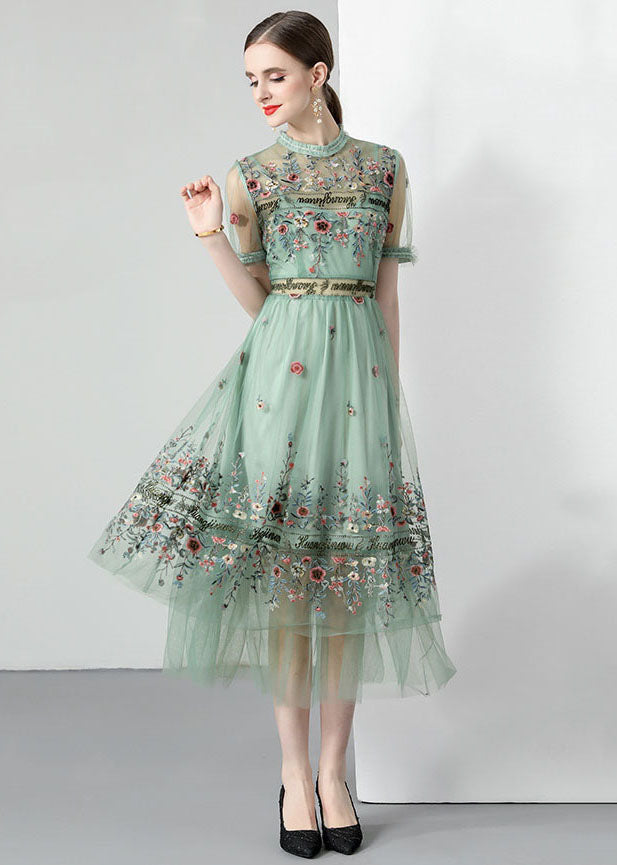 French Light Green Ruffled Embroideried Wrinkled Tulle Dress Summer