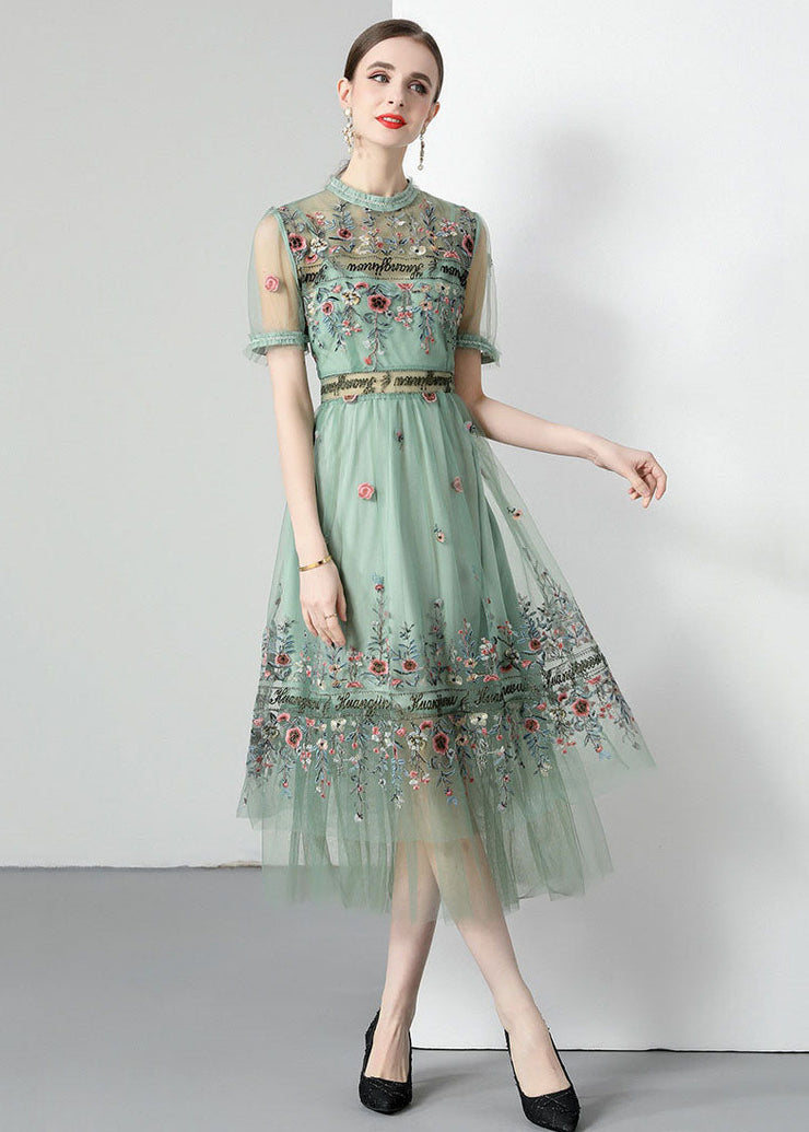 French Light Green Ruffled Embroideried Wrinkled Tulle Dress Summer