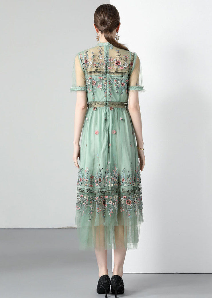 French Light Green Ruffled Embroideried Wrinkled Tulle Dress Summer