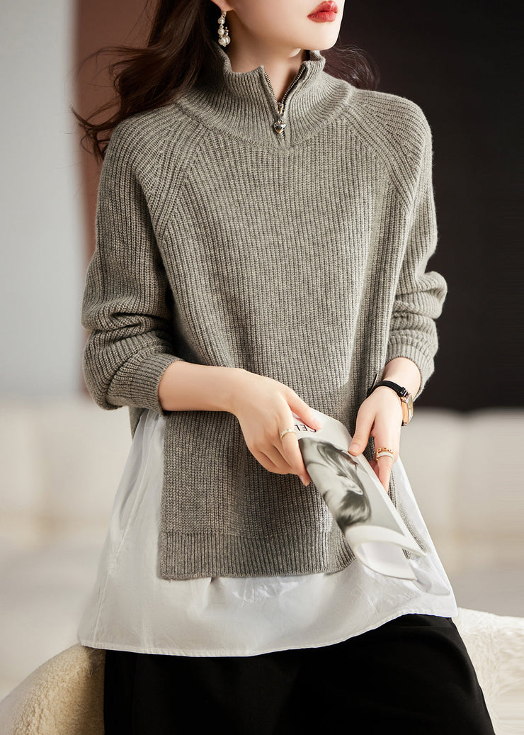 French Light Grey Side Open Patchwork Wool Sweaters Winter