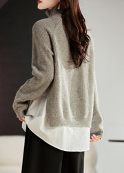 French Light Grey Side Open Patchwork Wool Sweaters Winter