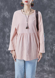 French Light Pink Oversized Patchwork Wrinkled Cotton Shirt Spring