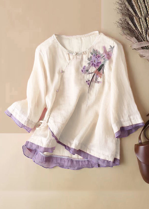 French Linen Embroidered Button Cotton Blouses Half Sleeve