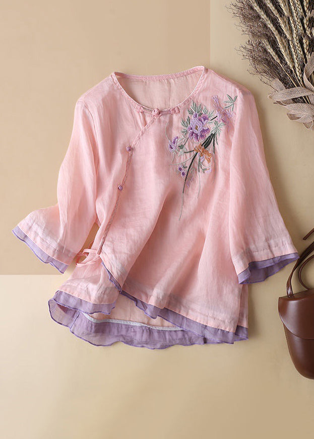 French Linen Embroidered Button Cotton Blouses Half Sleeve
