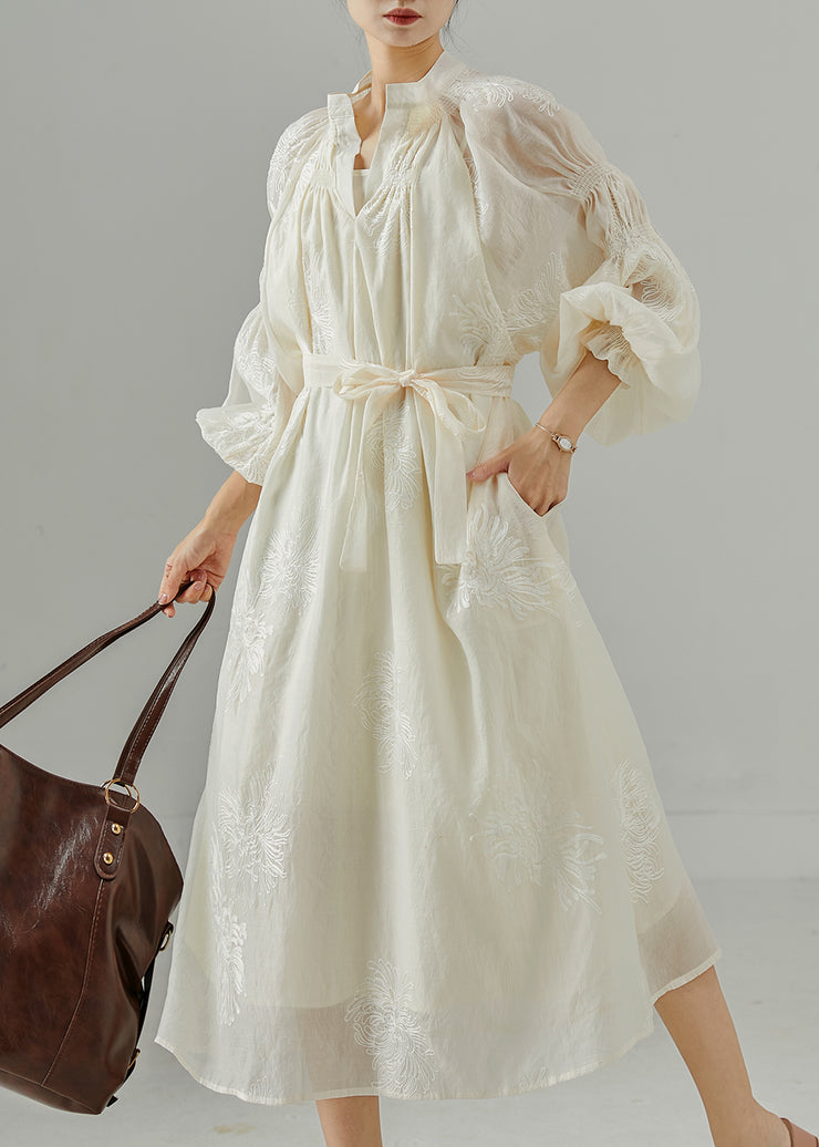 French Milk White Embroidered Silk Dresses Lantern Sleeve