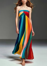 French Multicolor Bustier Top Chiffon Strapless Pleated Dresses Summer