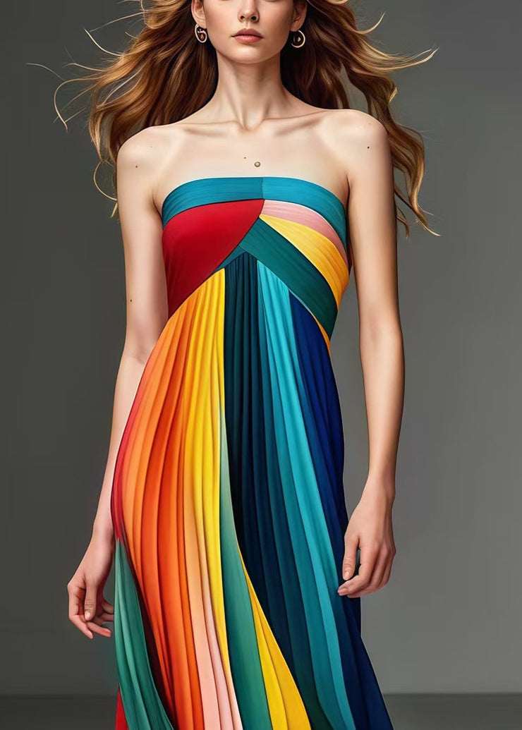 French Multicolor Bustier Top Chiffon Strapless Pleated Dresses Summer