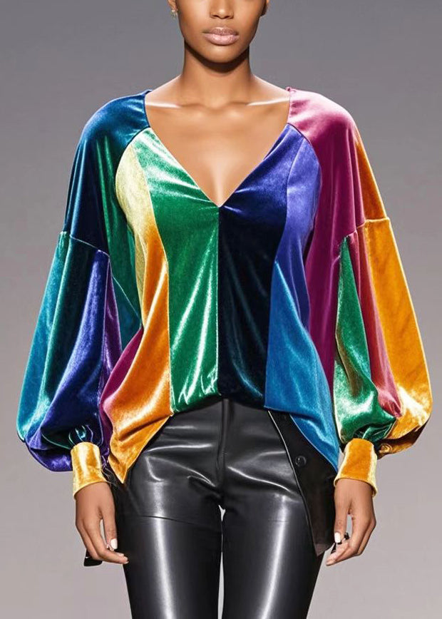 French Multicolour Asymmetrical Patchwork Silk Velour Top Fall