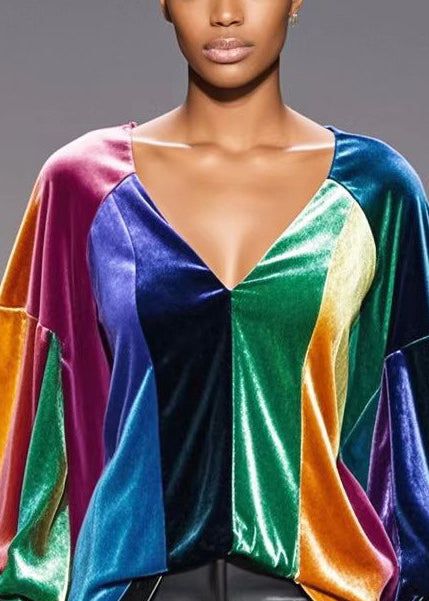 French Multicolour Asymmetrical Patchwork Silk Velour Top Fall