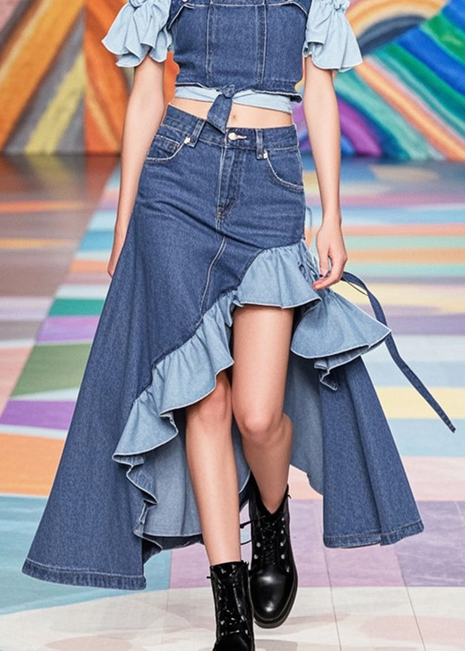 French Navy Asymmetrical Patchwork Ruffles Denim Skirts Fall