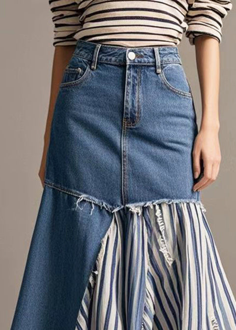 French Navy Asymmetrical Patchwork Striped Denim Skirt Spring