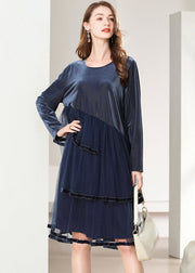 French Navy Asymmetrical Tulle Patchwork Silk Velour Dresses Spring