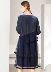 French Navy Asymmetrical Tulle Patchwork Silk Velour Dresses Spring