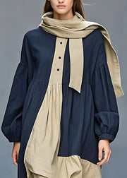 French Navy Bow Patchwork Cotton Long Dresses Long Sleeve