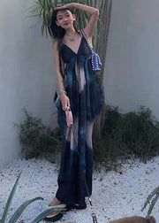 French Navy Bustier Top Tie Dye Cotton Spaghetti Strap Dress Summer