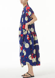 French Navy Button Print Cotton Long Dress Short Sleeve