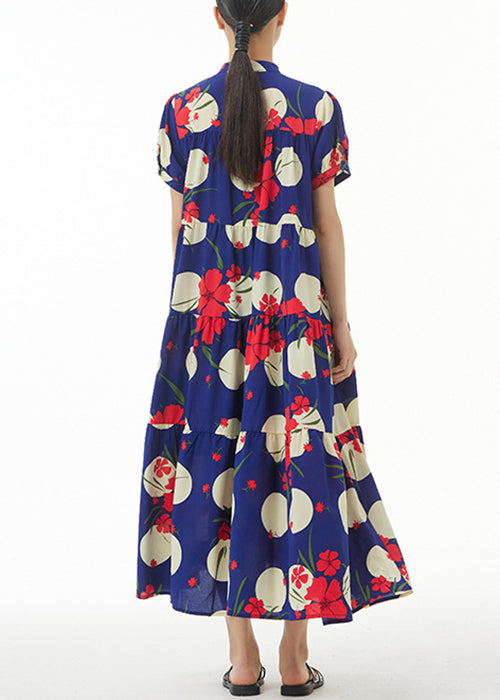 French Navy Button Print Cotton Long Dress Short Sleeve