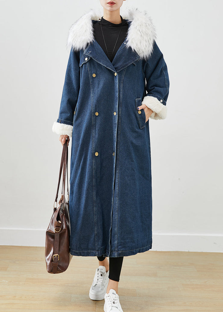 French Navy Fur Collar Thick Warm Fleece Denim Coats Fall