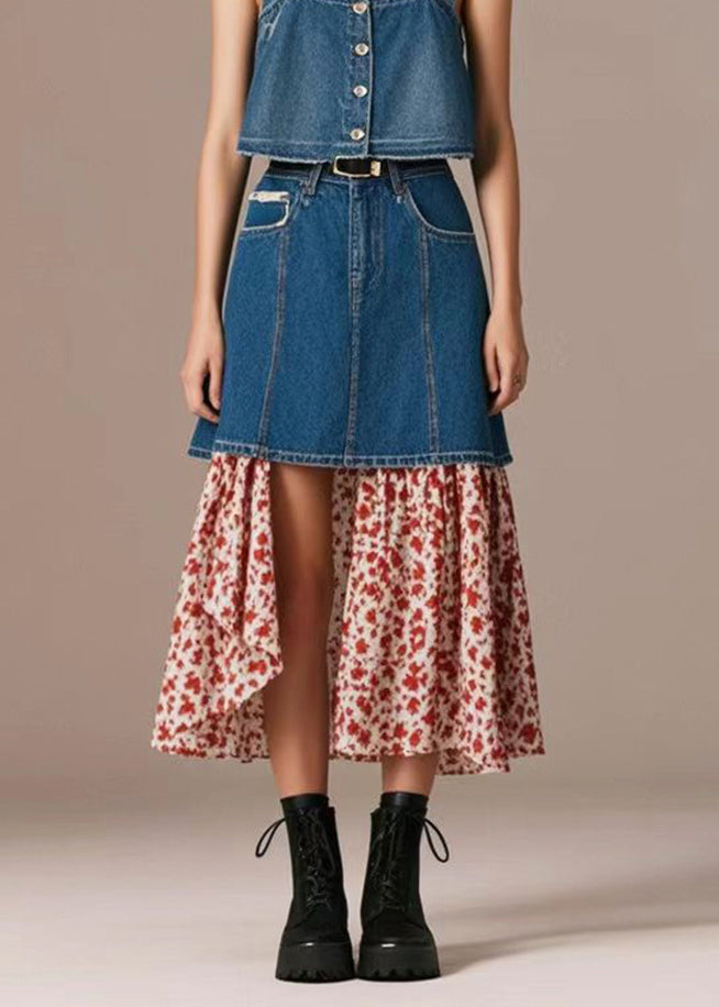 French Navy High Waist Patchwork Print Denim Skirt Fall