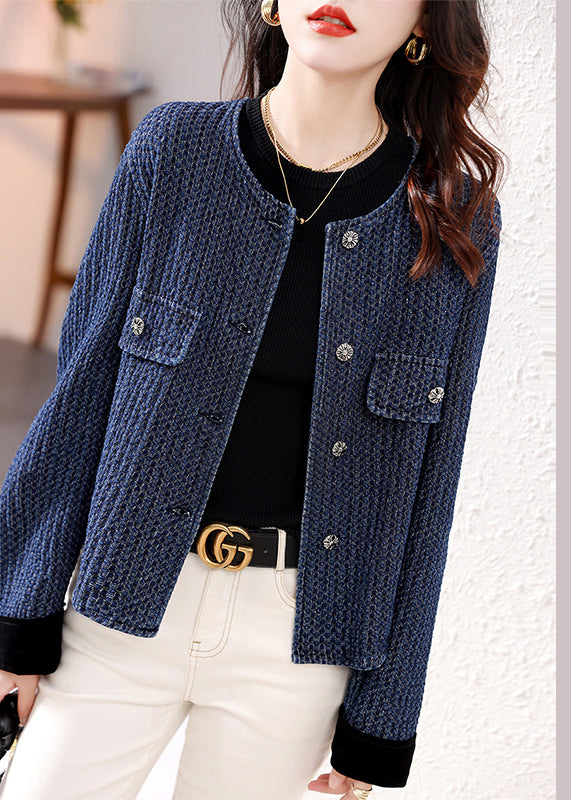 French Navy O Neck Button Patchwork Denim Coat Fall