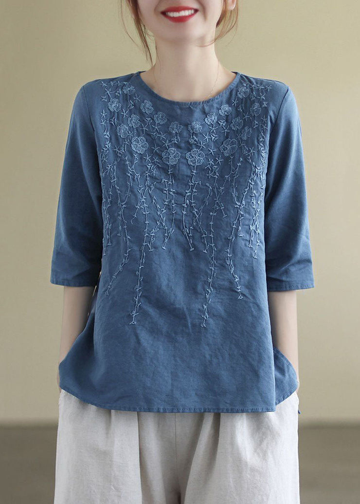 French Print4 O-Neck Embroideried Cotton Blouses Half Sleeve