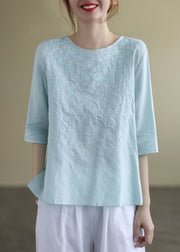 French Print3 O-Neck Embroideried Cotton Blouses Half Sleeve